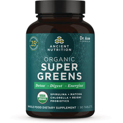 ATN107 | Ancient Nutrition Organic Super Greens bottle front label, USDA Organic, 90 tablets