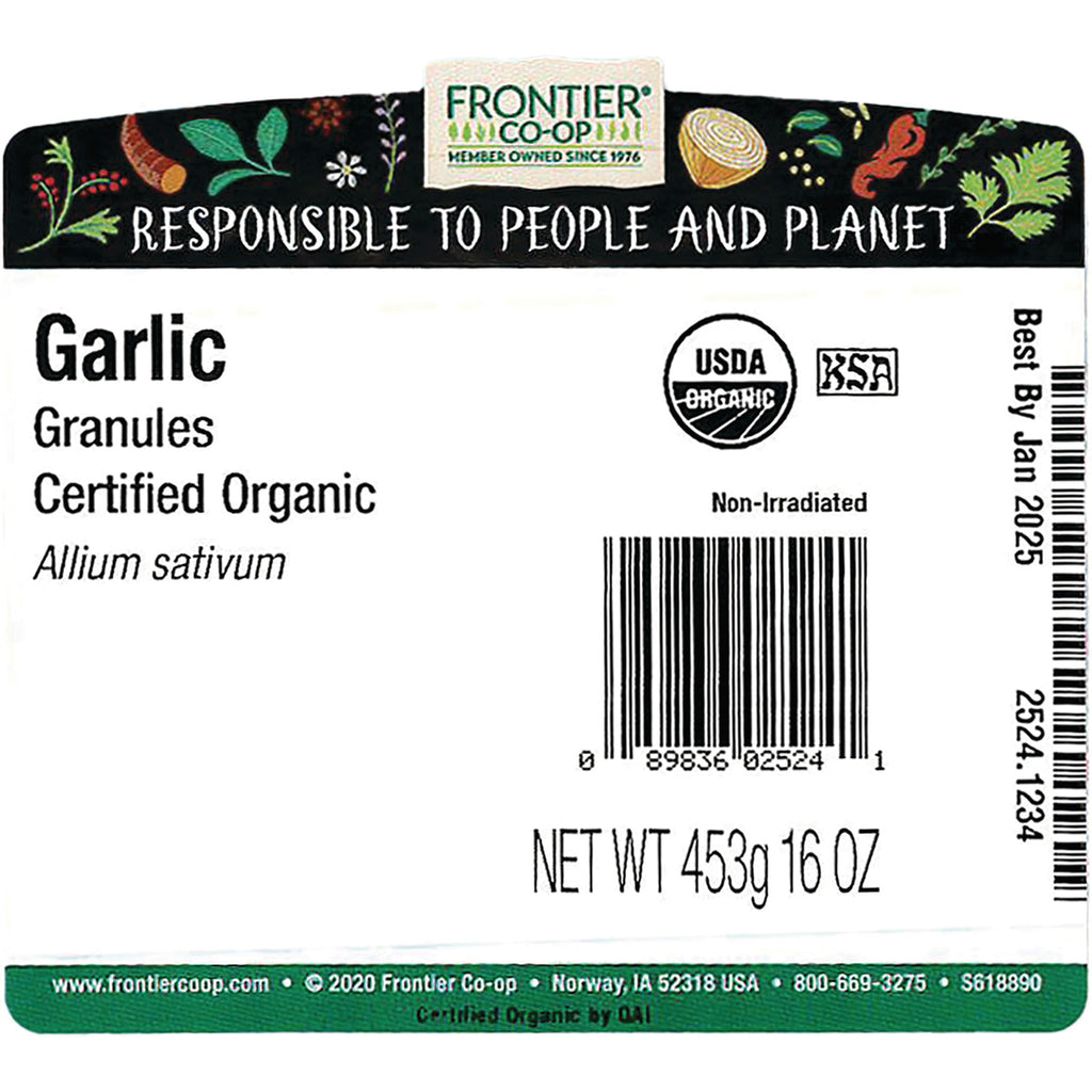 FNP036 | Back label of Frontier Co-op garlic granules certified organic with barcode, USDA organic logo and net wt 453g 16 OZ - Thumbnail