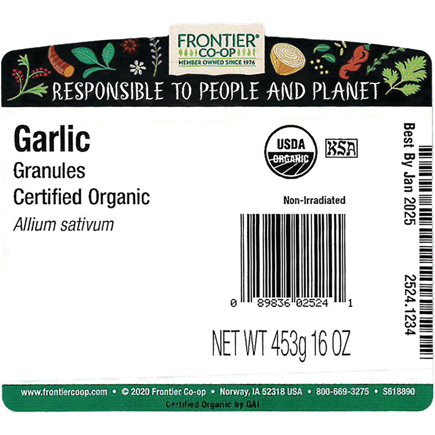FNP036 | Back label of Frontier Co-op garlic granules certified organic with barcode, USDA organic logo and net wt 453g 16 OZ