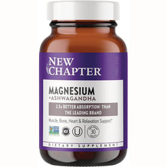 NWC351 | Amber bottle with purple New Chapter MAGNESIUM + ASHWAGANDHA label, dietary supplement, 30 tablets
