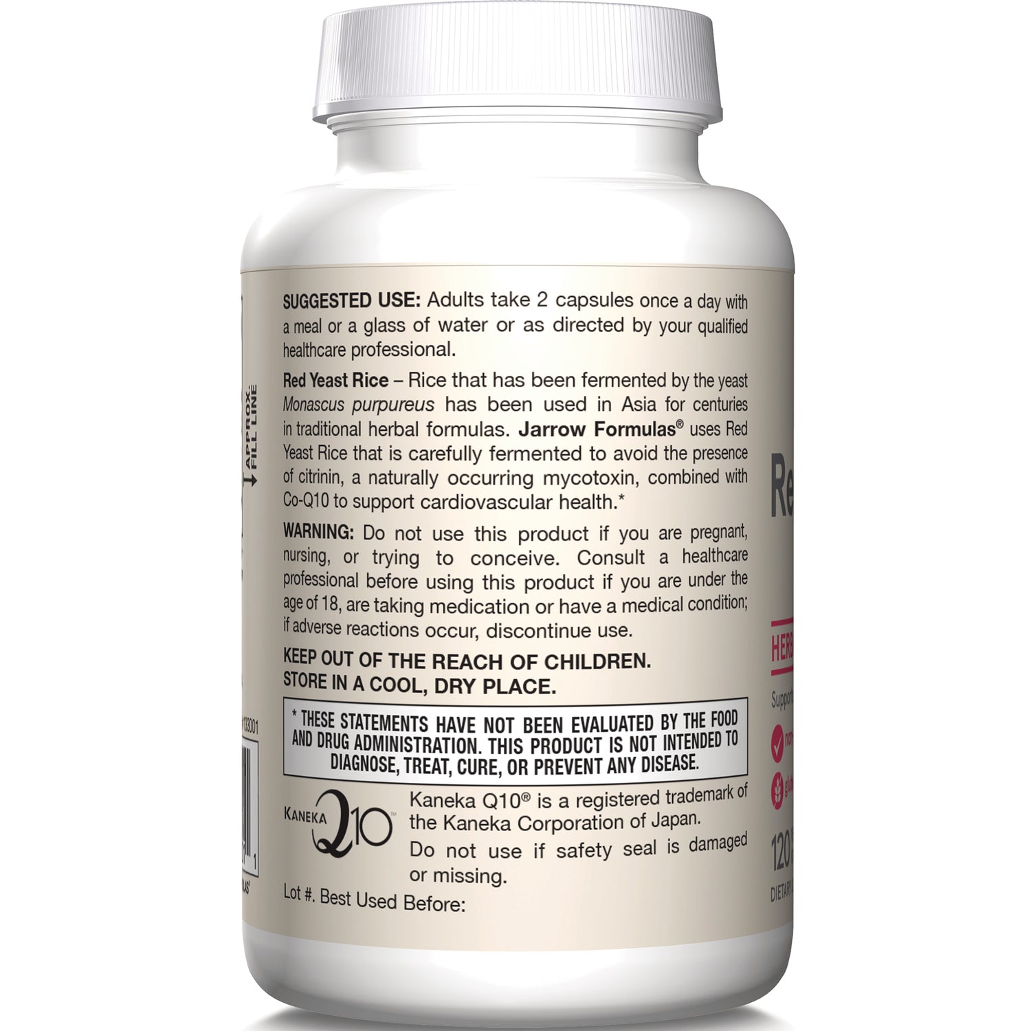 JR328 | back label of supplement bottle showing suggested use, warnings, and FDA disclaimer