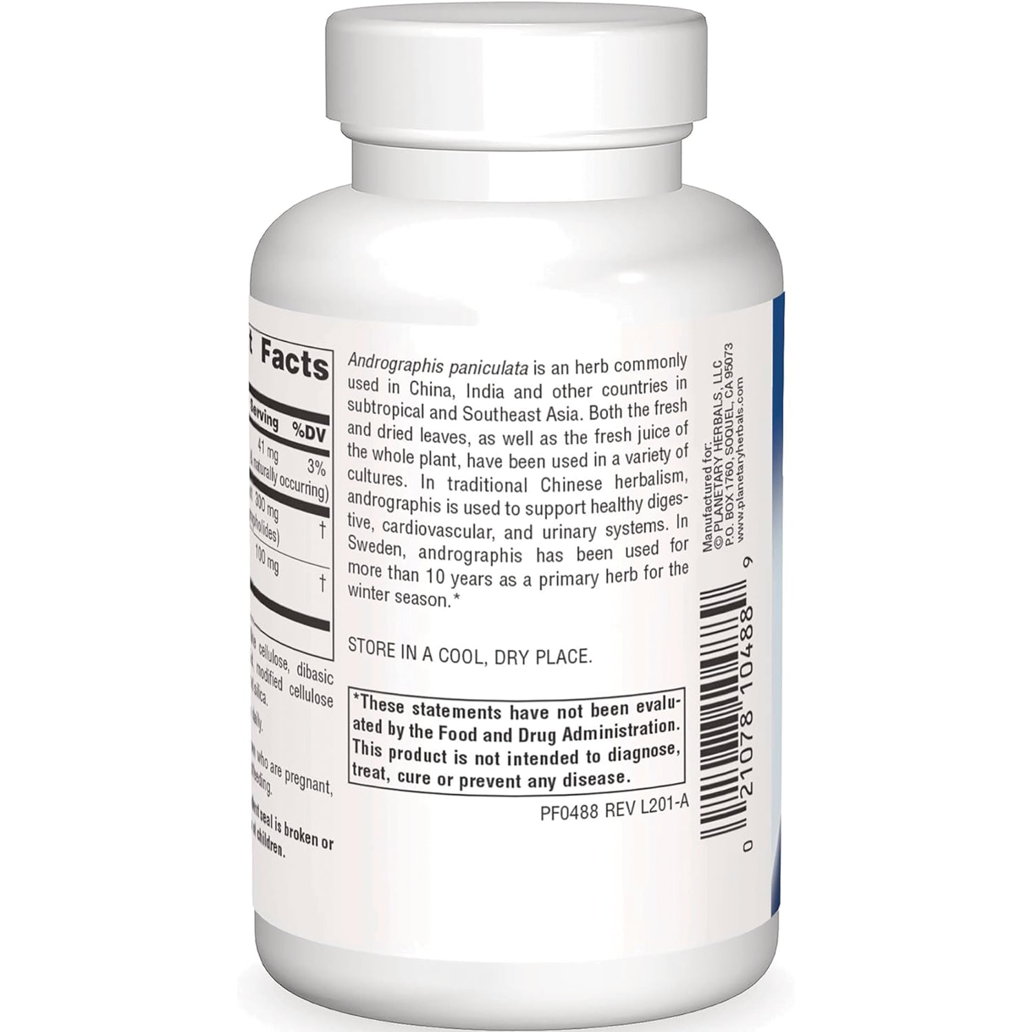 PF054 | back label of white supplement bottle showing supplement facts, storage instructions, barcode and FDA disclaimer