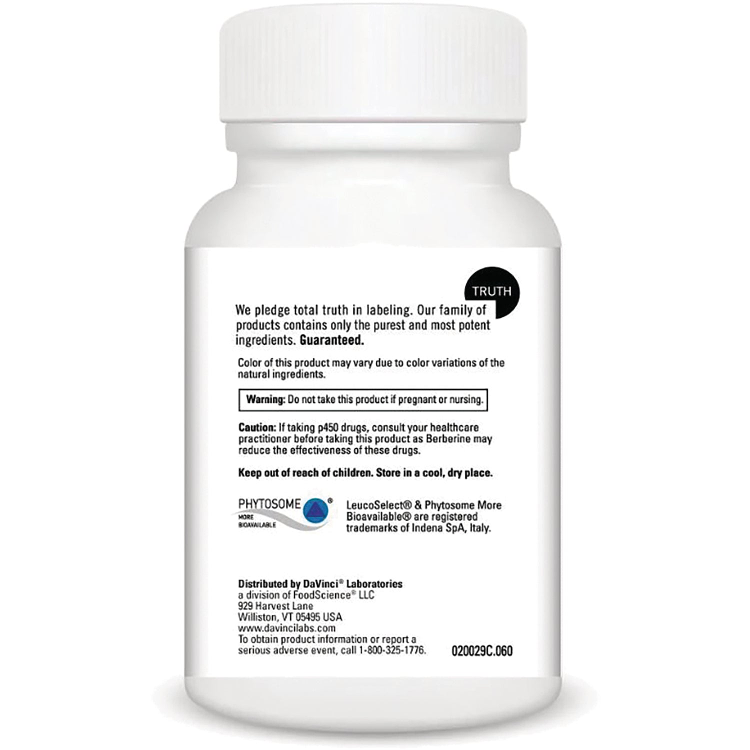 DVL031 | Back label of white supplement bottle showing warnings, usage text and Phytosome logo