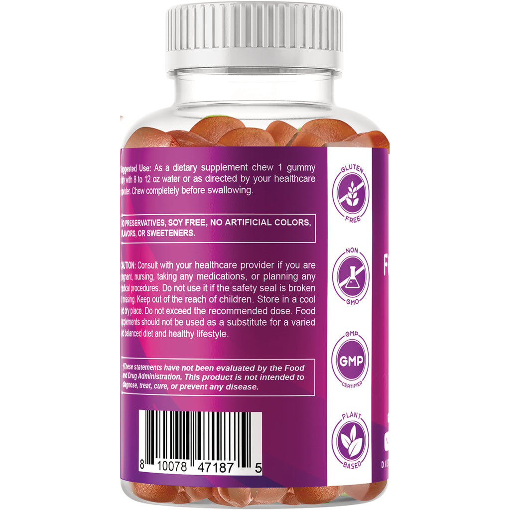 VAM019 | Back label of gummy supplement bottle with icons: Gluten Free, Non GMO, GMP, Plant Based, and barcode - Thumbnail