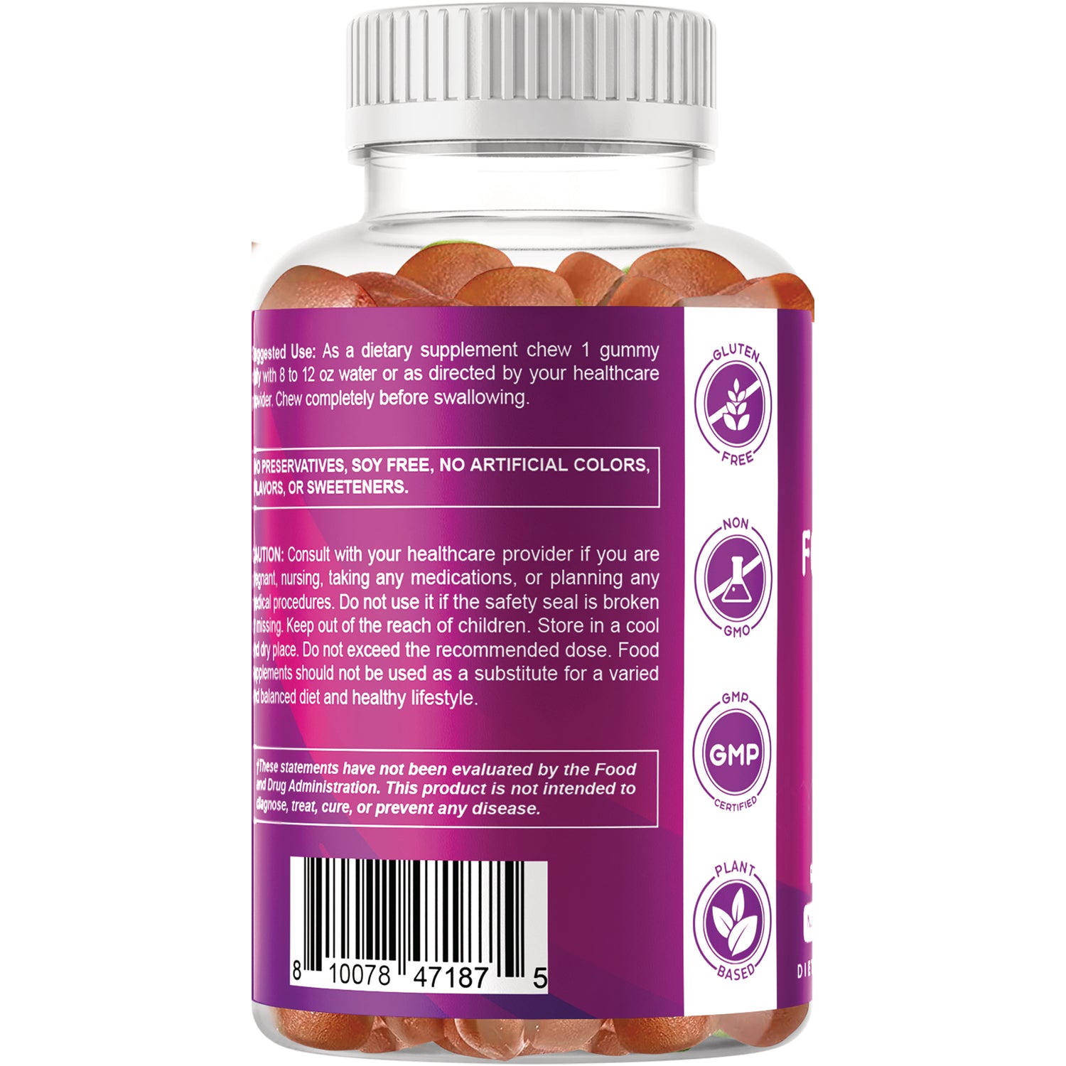 VAM019 | Back label of gummy supplement bottle with icons: Gluten Free, Non GMO, GMP, Plant Based, and barcode