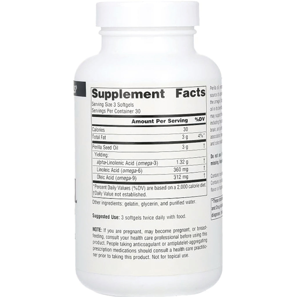 SN780 | Supplement Facts panel with serving size 3 softgels and perilla seed oil omega-3, 6, and 9 amounts - Thumbnail