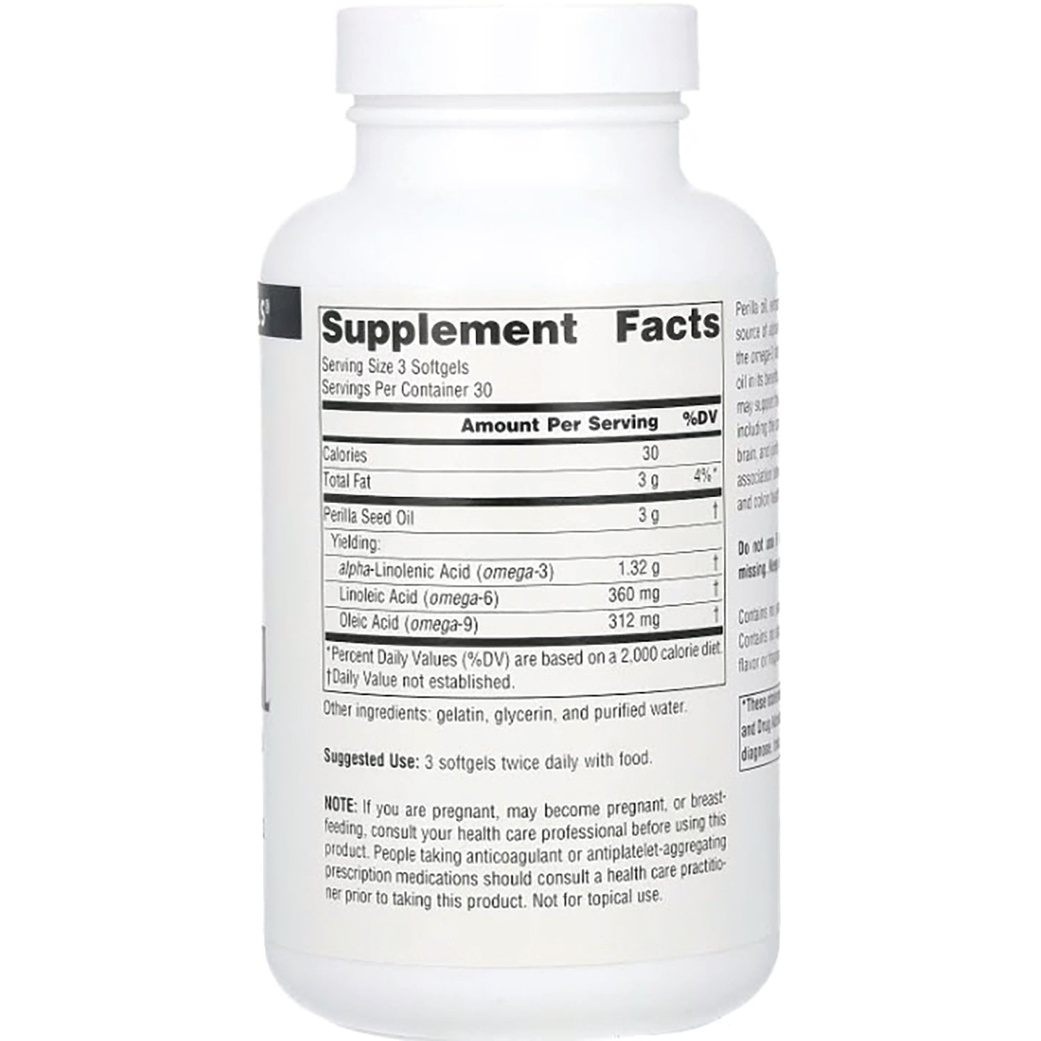 SN780 | Supplement Facts panel with serving size 3 softgels and perilla seed oil omega-3, 6, and 9 amounts
