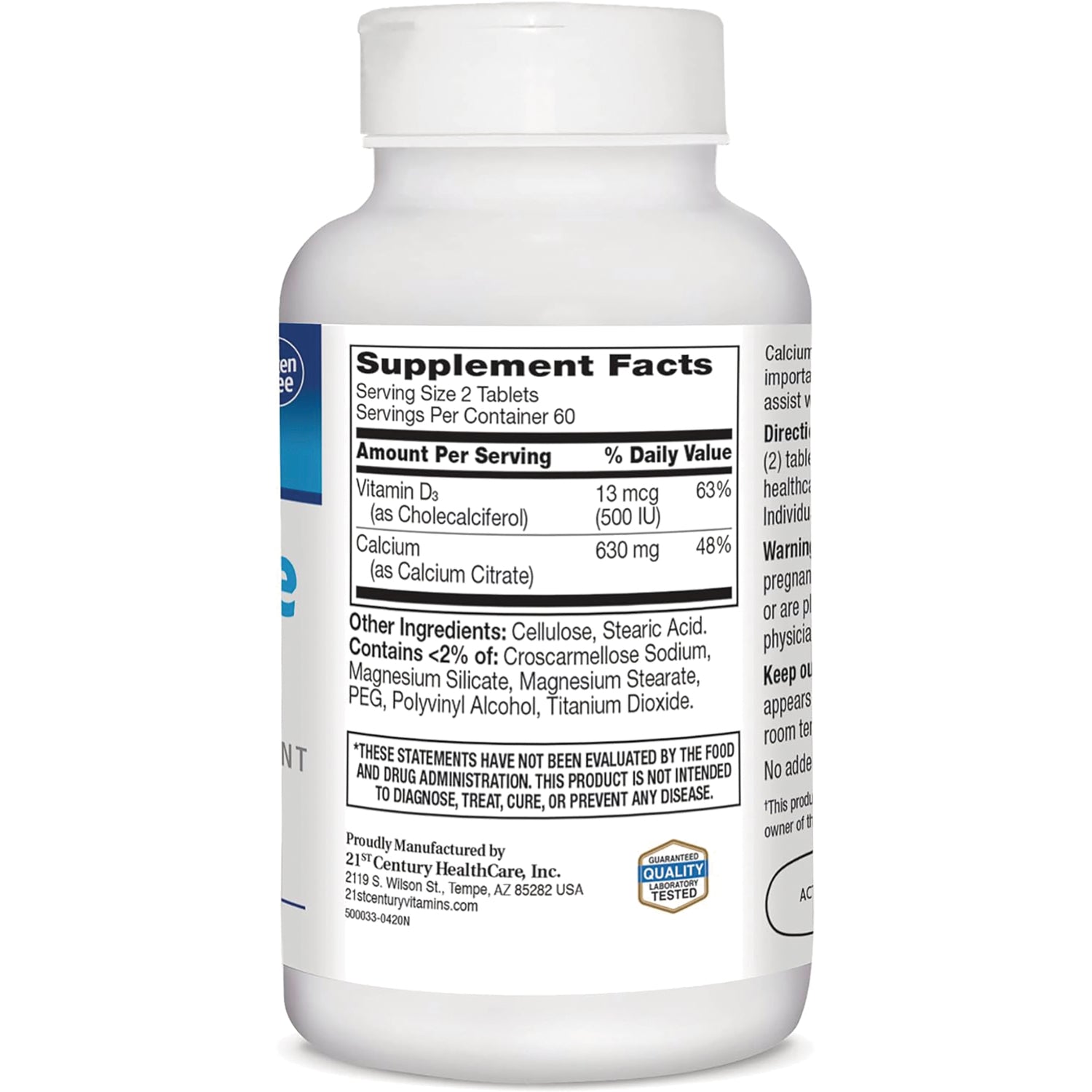 CNT232 | Back of white supplement bottle showing Supplement Facts panel with Vitamin D3 13 mcg (500 IU) and Calcium 630 mg