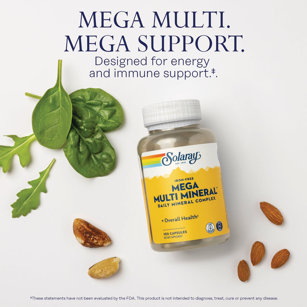 SLR377 | Solaray Mega Multi Mineral bottle with spinach leaves and nuts product infographic - Thumbnail