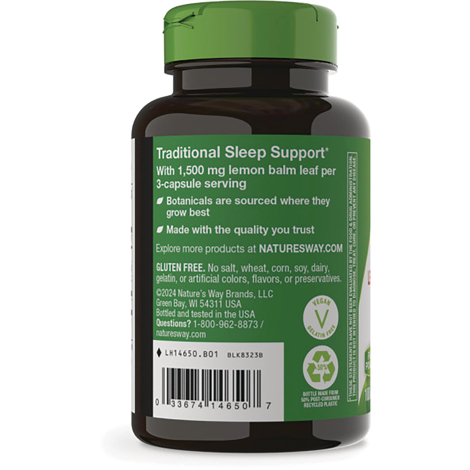 NW918 | Back label of brown supplement bottle reading Traditional Sleep Support with ingredient text, icons and barcode