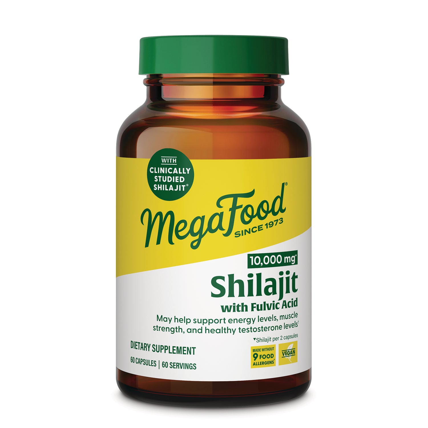 MGF149 | MegaFood Shilajit 10,000 mg with Fulvic Acid dietary supplement bottle front, 60 capsules