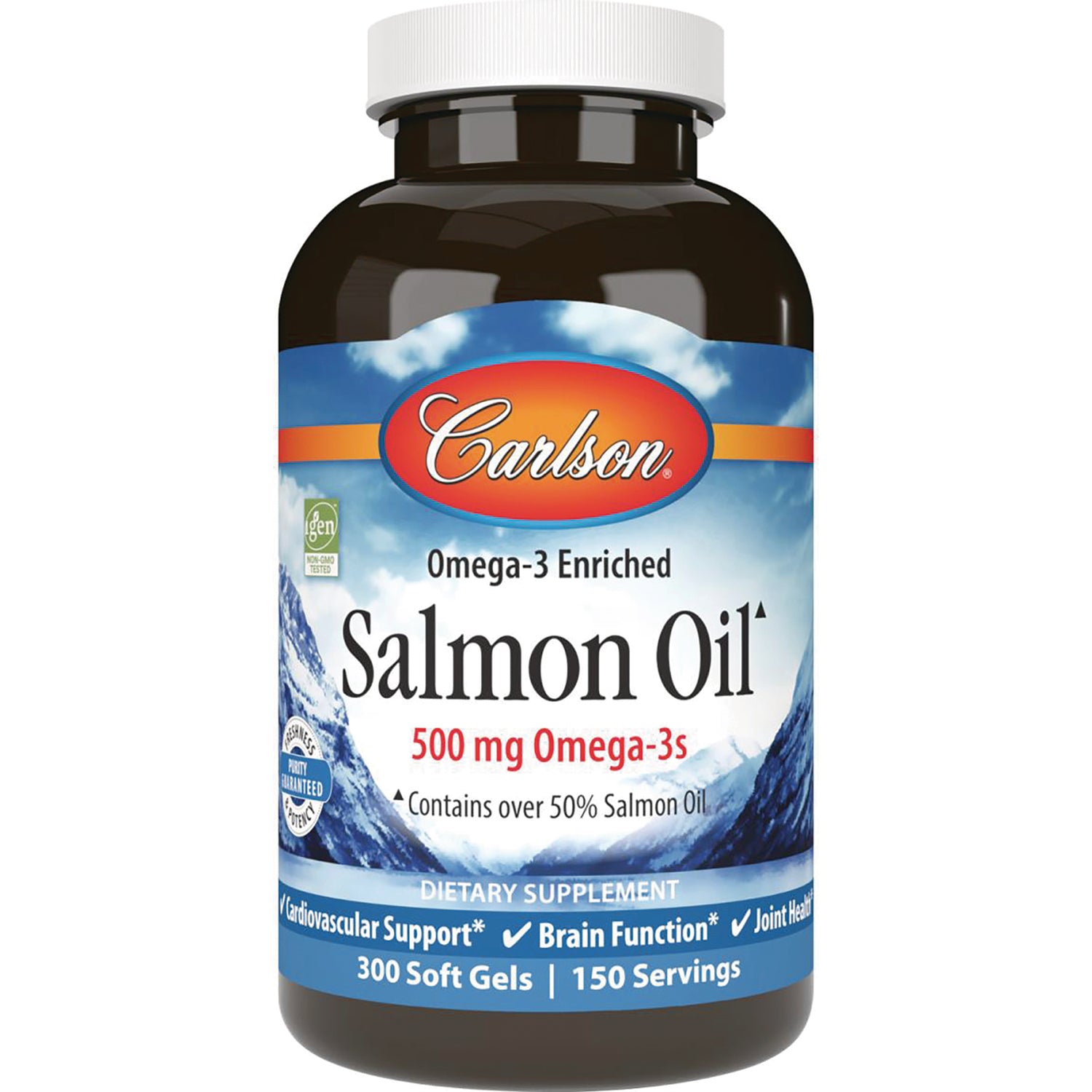 Carlson Salmon Oil bottle, 500 mg Omega-3s, 300 soft gels dietary supplement