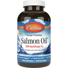 Carlson Salmon Oil bottle, 500 mg Omega-3s, 300 soft gels dietary supplement
