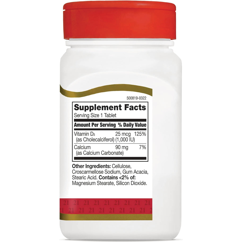 CNT202 | back of white supplement bottle showing Supplement Facts label with Serving Size 1 Tablet, Vitamin D3 25 mcg, Calcium 90 mg, other ingredients - Thumbnail