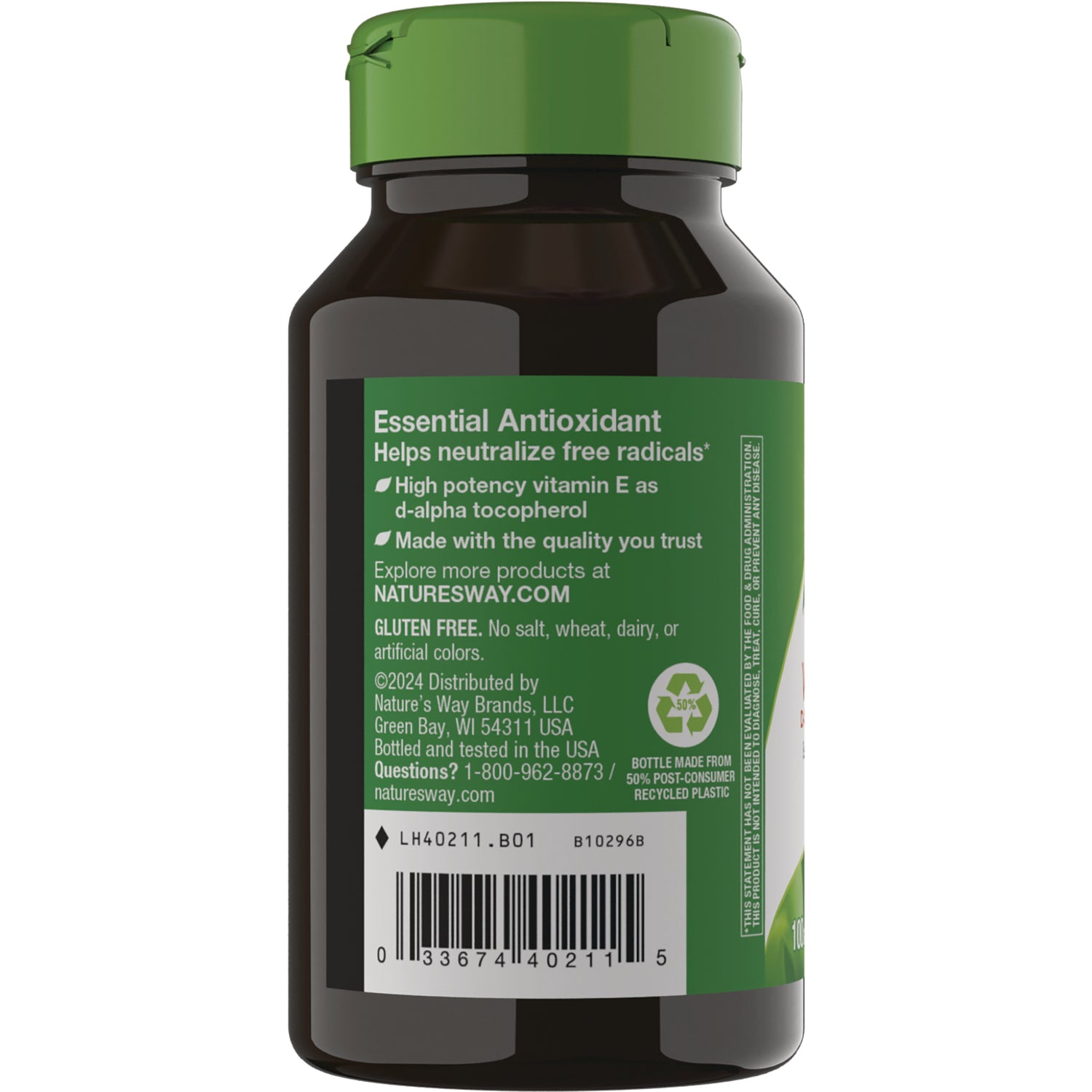 NW350 | Back label of brown supplement bottle reading Essential Antioxidant, gluten free, distributor info and barcode