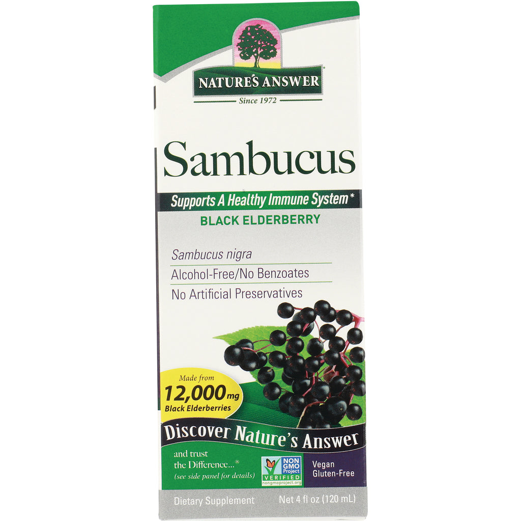 NAT086 | Nature's Answer Sambucus black elderberry supplement box front with berries and Supports A Healthy Immune System label - Thumbnail