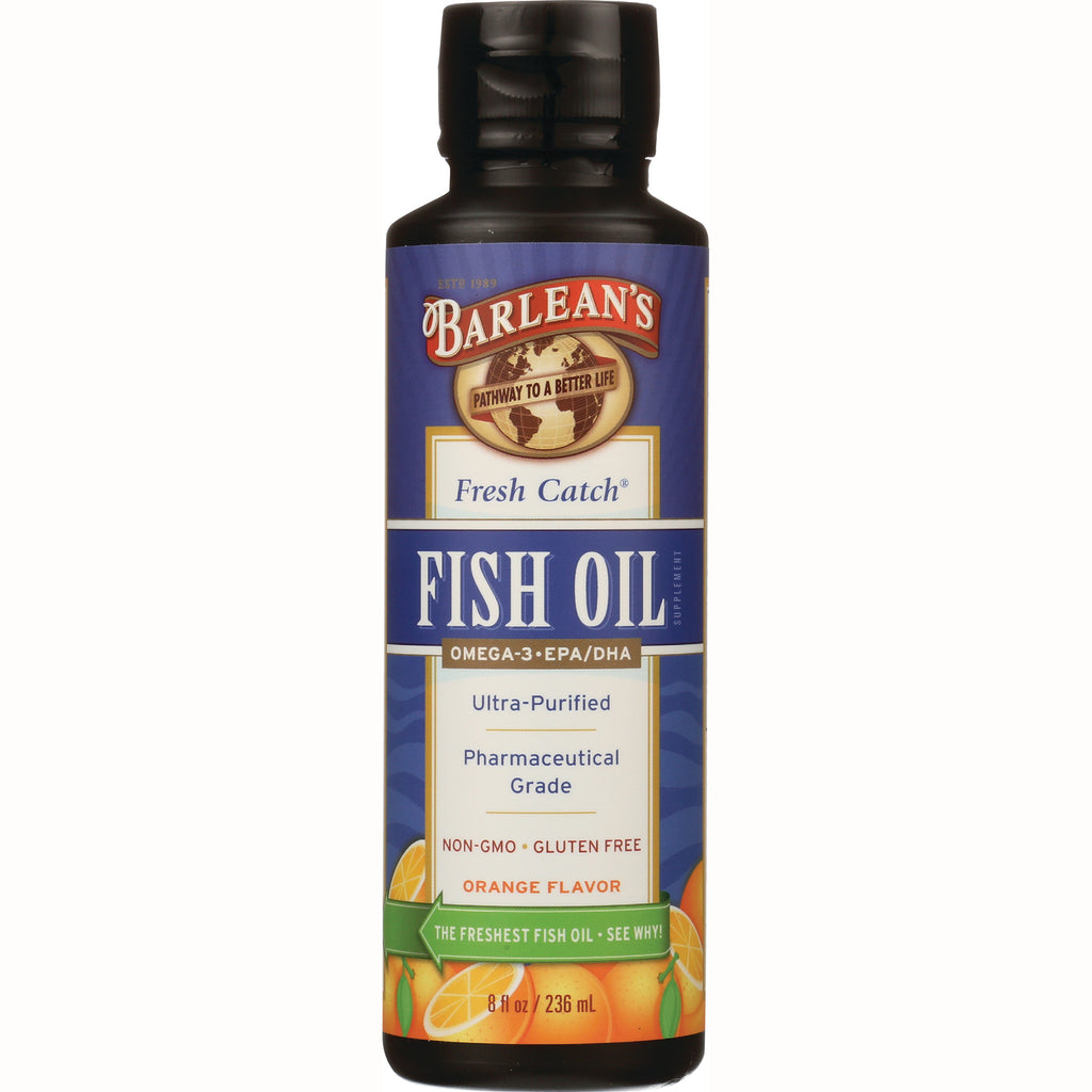 Barlean's Fresh Catch fish oil 8 fl oz orange flavor bottle front label showing Omega-3 EPA/DHA and ultra-purified - Thumbnail