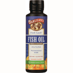Barlean's Fresh Catch fish oil 8 fl oz orange flavor bottle front label showing Omega-3 EPA/DHA and ultra-purified