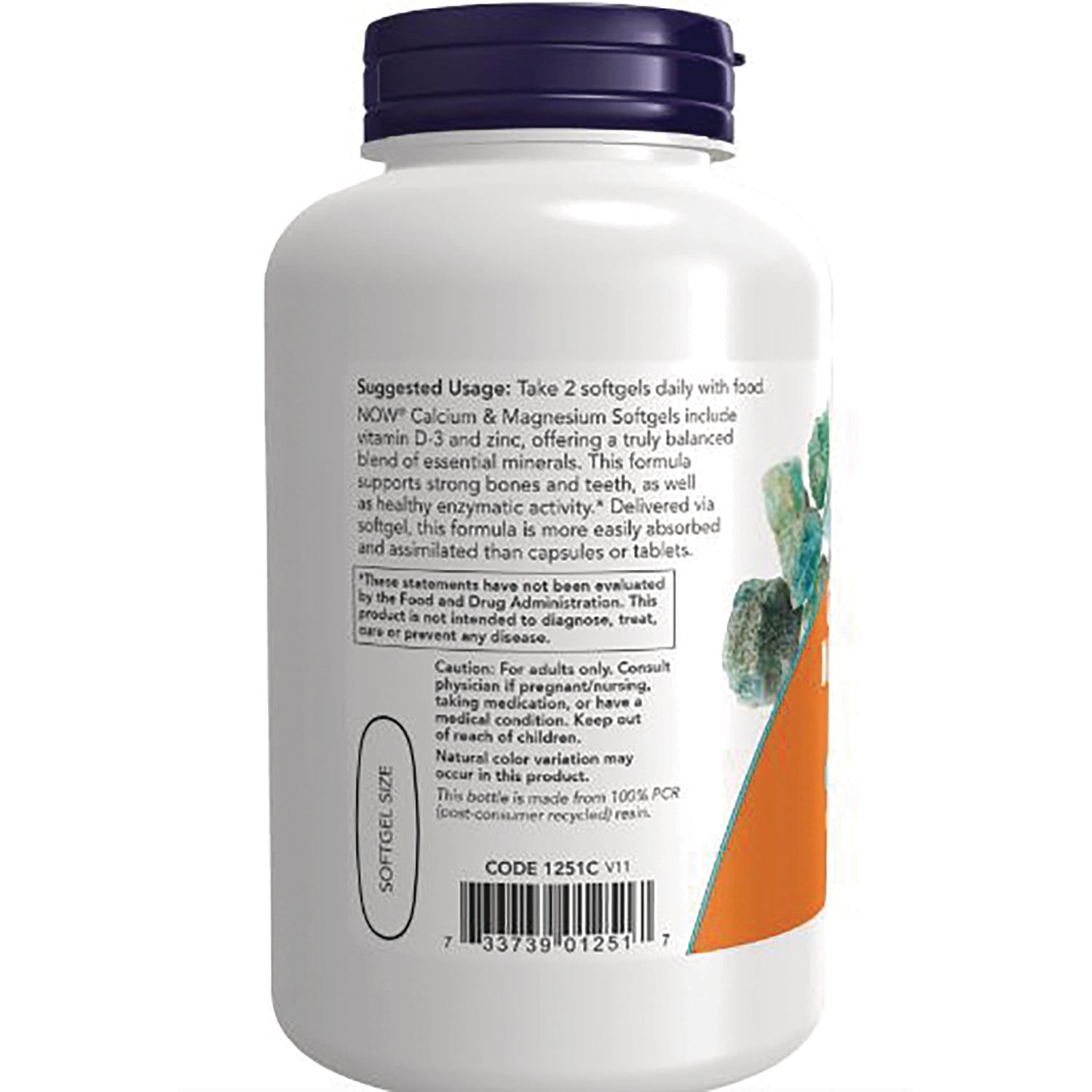 NWF033 | Back label of white supplement bottle showing suggested usage text, warnings, barcode and softgel size
