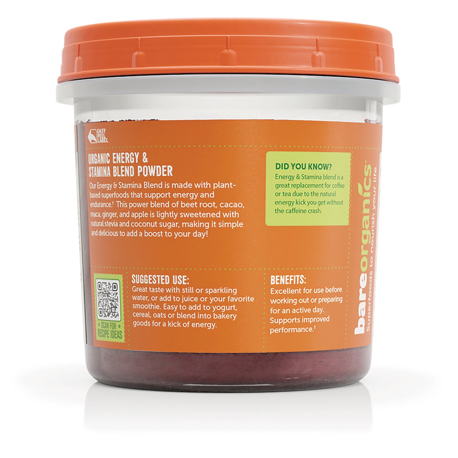 BOR008 | back label of orange tub reading ORGANIC ENERGY & STAMINA BLEND POWDER with suggested use and benefits
