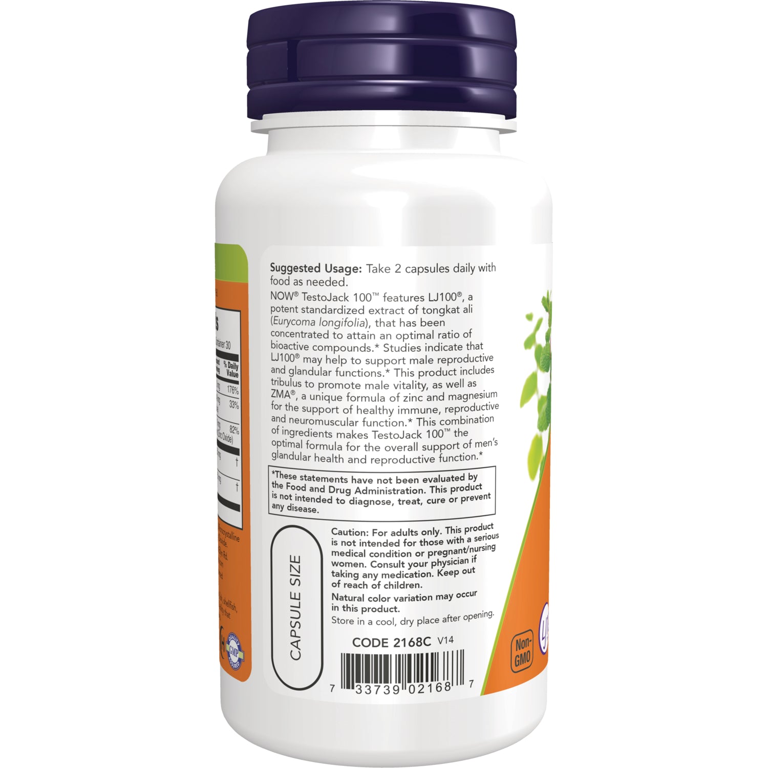 NWF712 | Back label of white supplement bottle showing suggested usage, caution text, barcode and capsule size