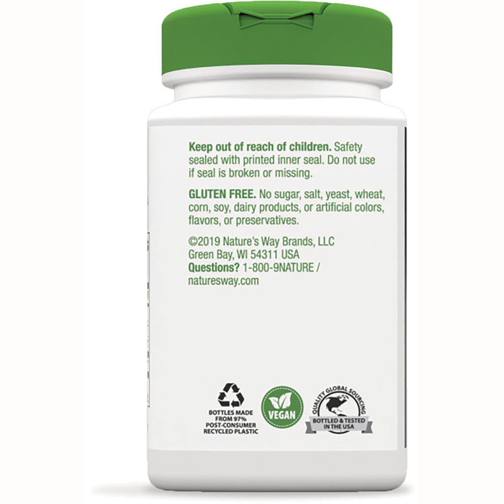 NW168 | back of white supplement bottle with green cap showing safety and gluten free text and recycling and vegan icons - Thumbnail