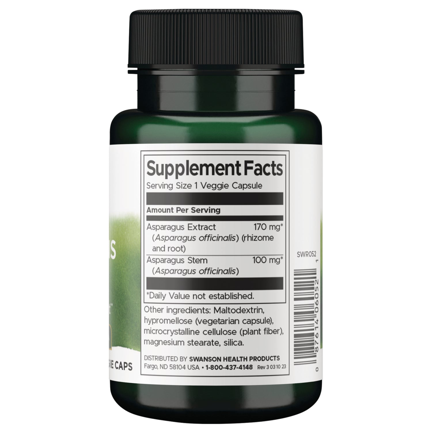 SWR052 | Back label with Supplement Facts: Serving Size 1 veggie capsule; Asparagus Extract 170 mg, Asparagus Stem 100 mg