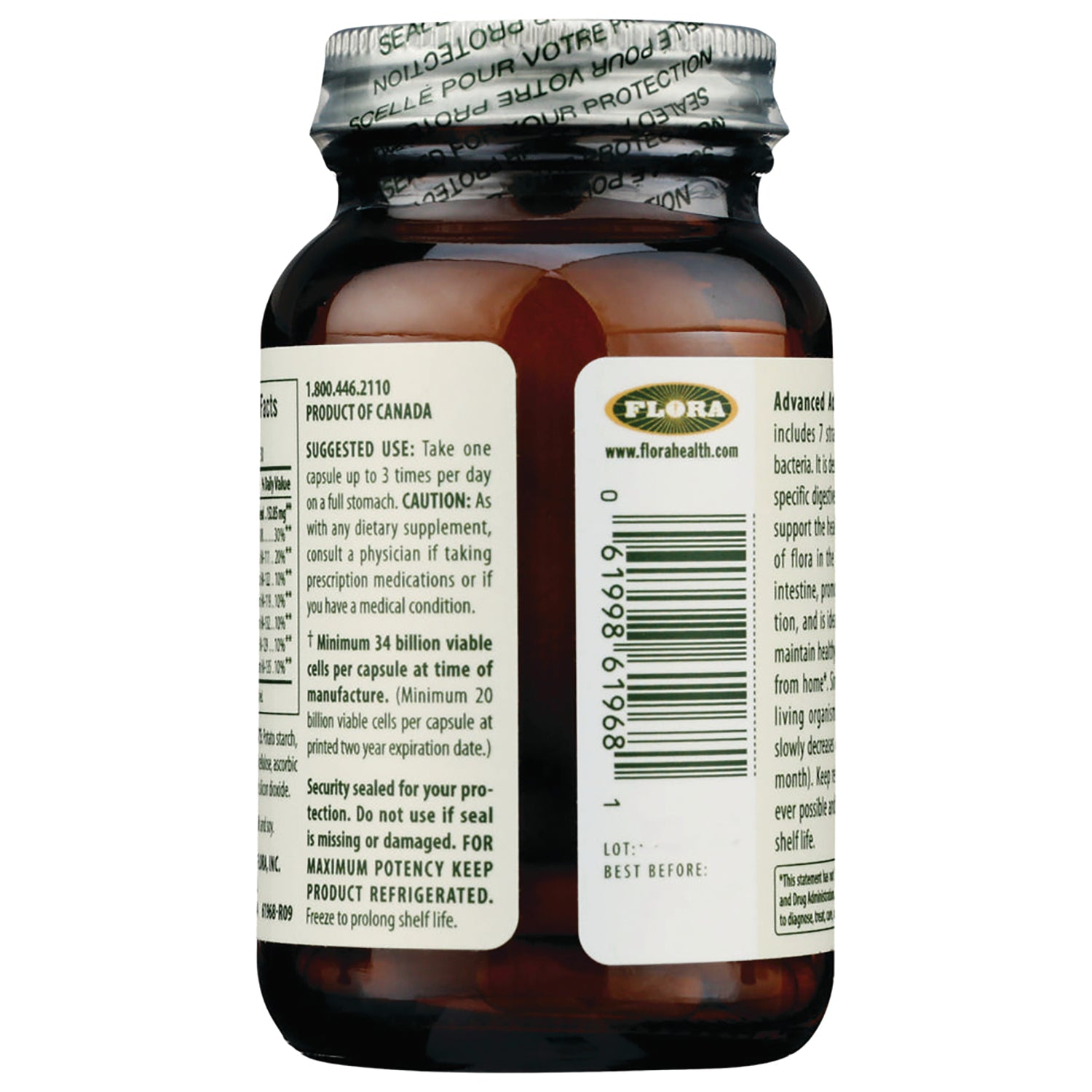 FL110 | Back of amber supplement bottle showing label text, barcode, Flora logo, lot and best before