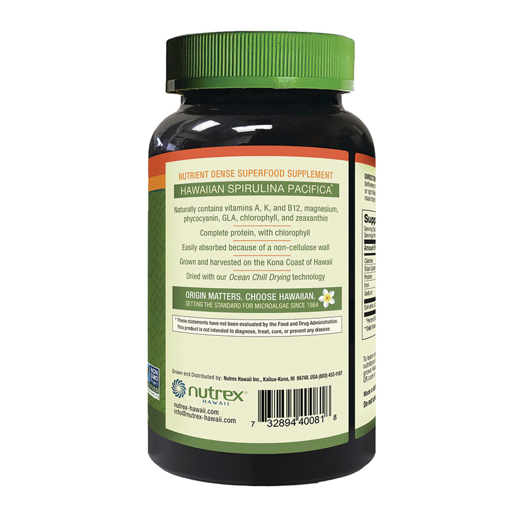 NUT027 | back label of supplement bottle reading Hawaiian Spirulina Pacifica with nutrition text, barcode and Nutrex logo - Thumbnail