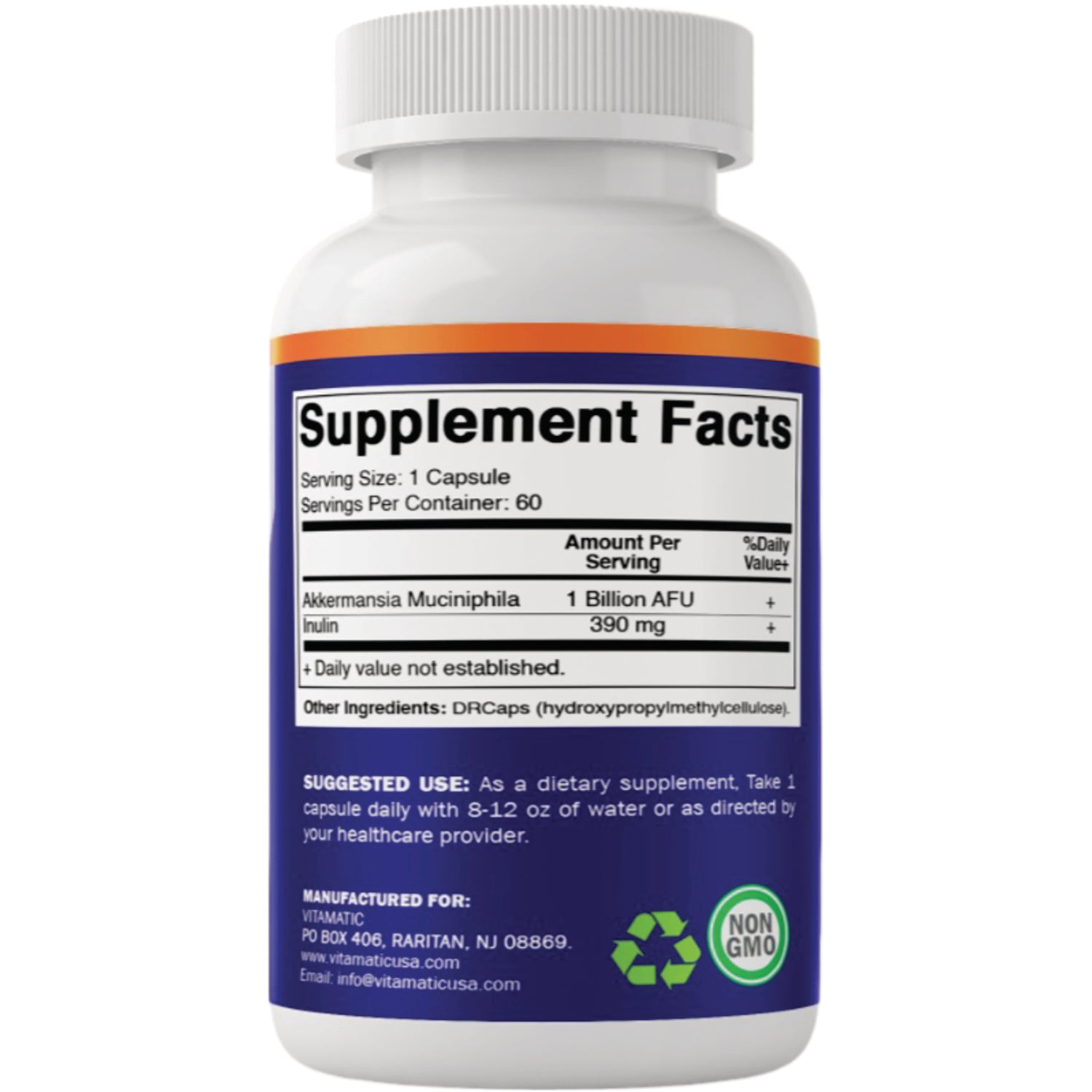 VAM002 | Supplement Facts panel for probiotic capsules: Akkermansia muciniphila 1 Billion AFU, Inulin 390 mg