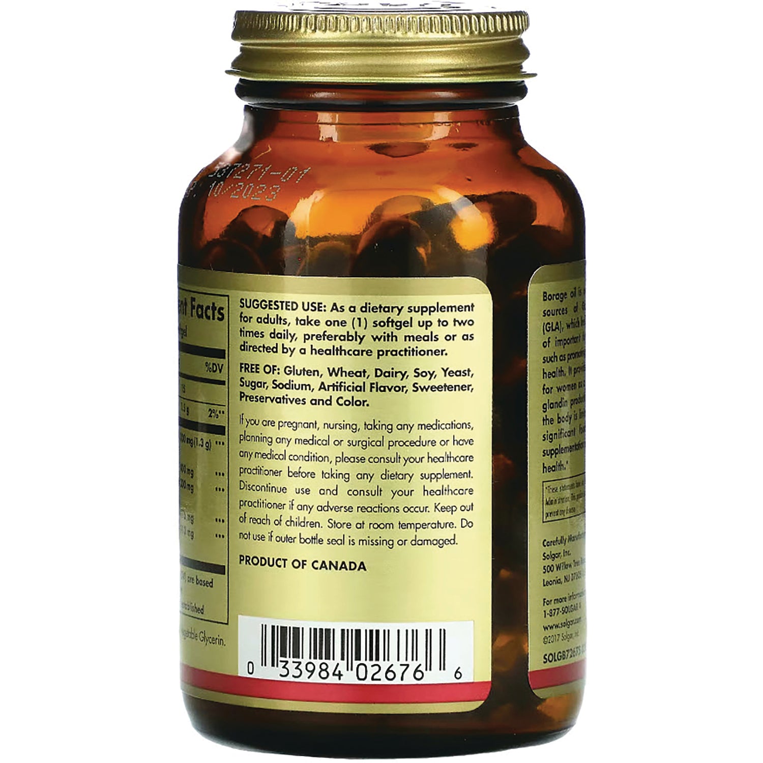 SLG337 | back of amber supplement bottle showing suggested use text, barcode, and PRODUCT OF CANADA label