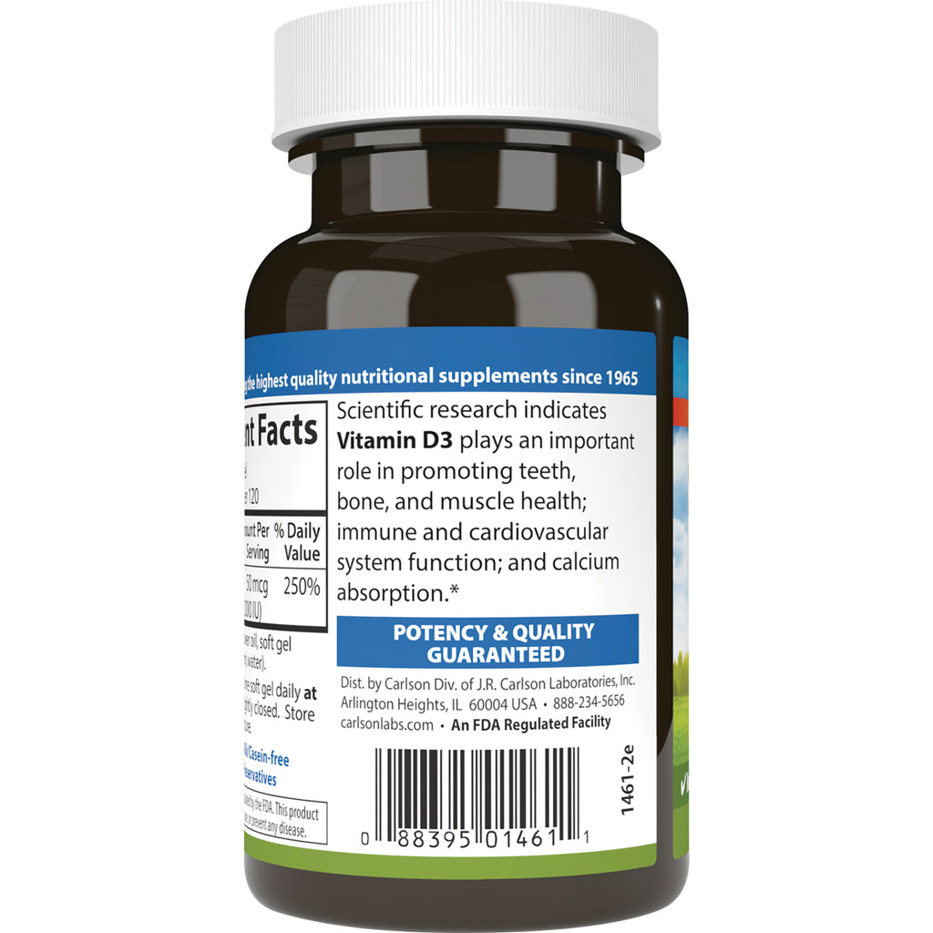 CSN025 | back label of supplement bottle showing Vitamin D3 benefits text, potency & quality guaranteed box and barcode - Thumbnail