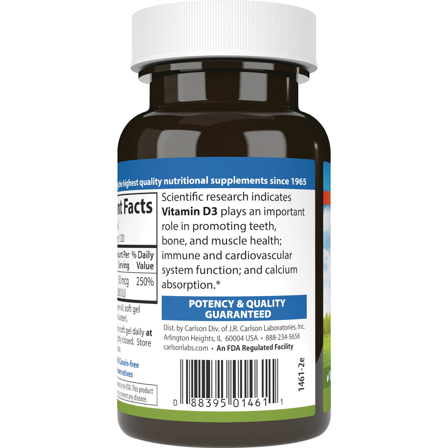 CSN025 | back label of supplement bottle showing Vitamin D3 benefits text, potency & quality guaranteed box and barcode