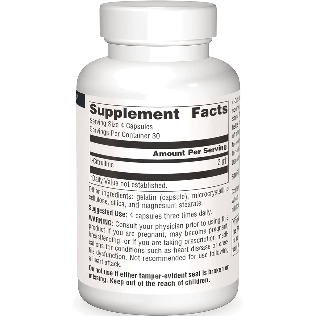 SN298 | Back label showing Supplement Facts, serving size 4 capsules, and ingredients for L-Citrulline - Thumbnail