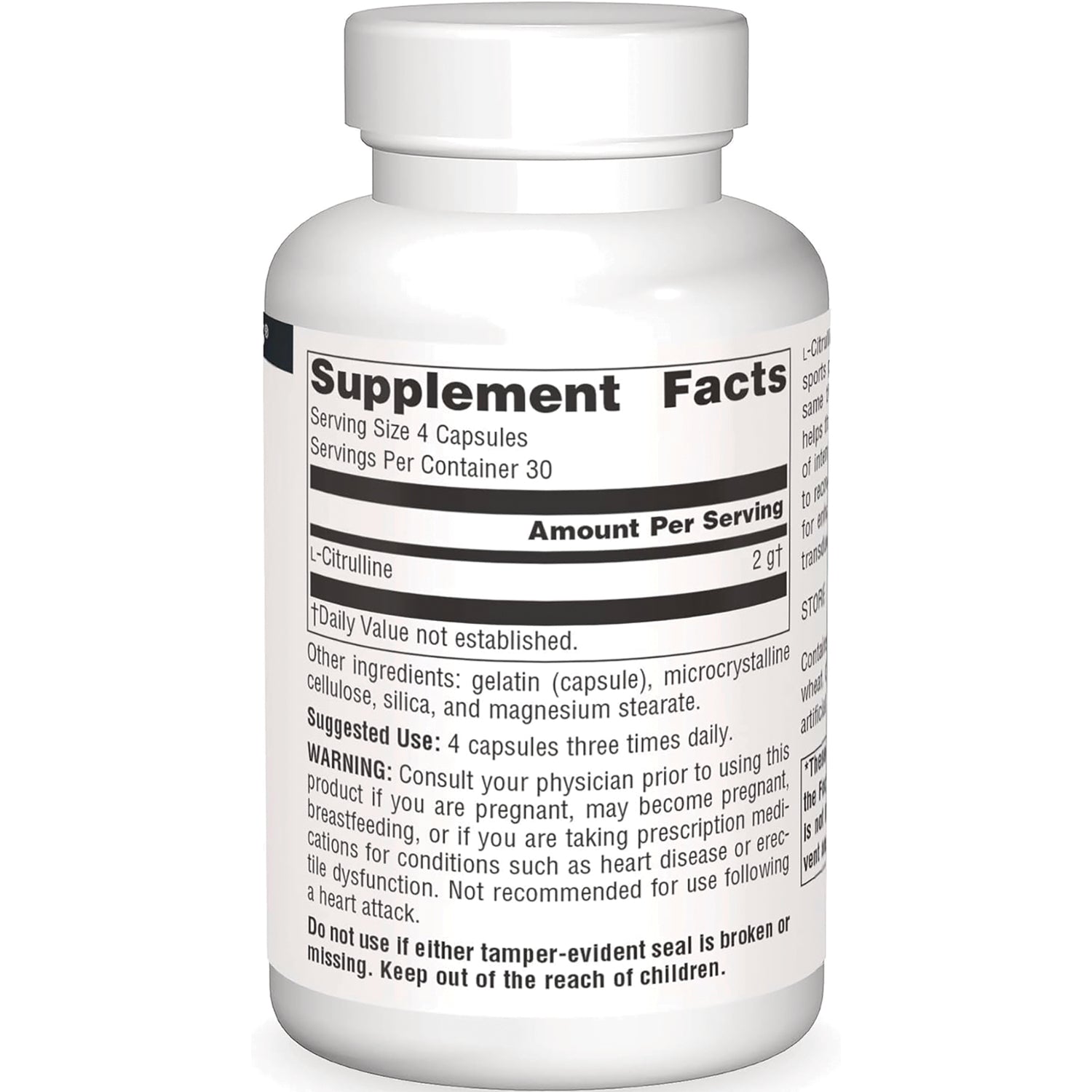 SN298 | Back label showing Supplement Facts, serving size 4 capsules, and ingredients for L-Citrulline