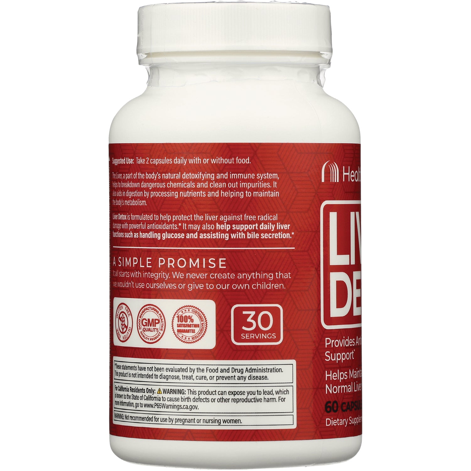 HP006 | Back of white supplement bottle with red label showing 30 servings badge and warning box