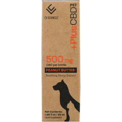 CV030 | Front of CV Sciences pet CBD peanut butter box 500 mg with dog and cat silhouette, net contents 1.86 fl oz