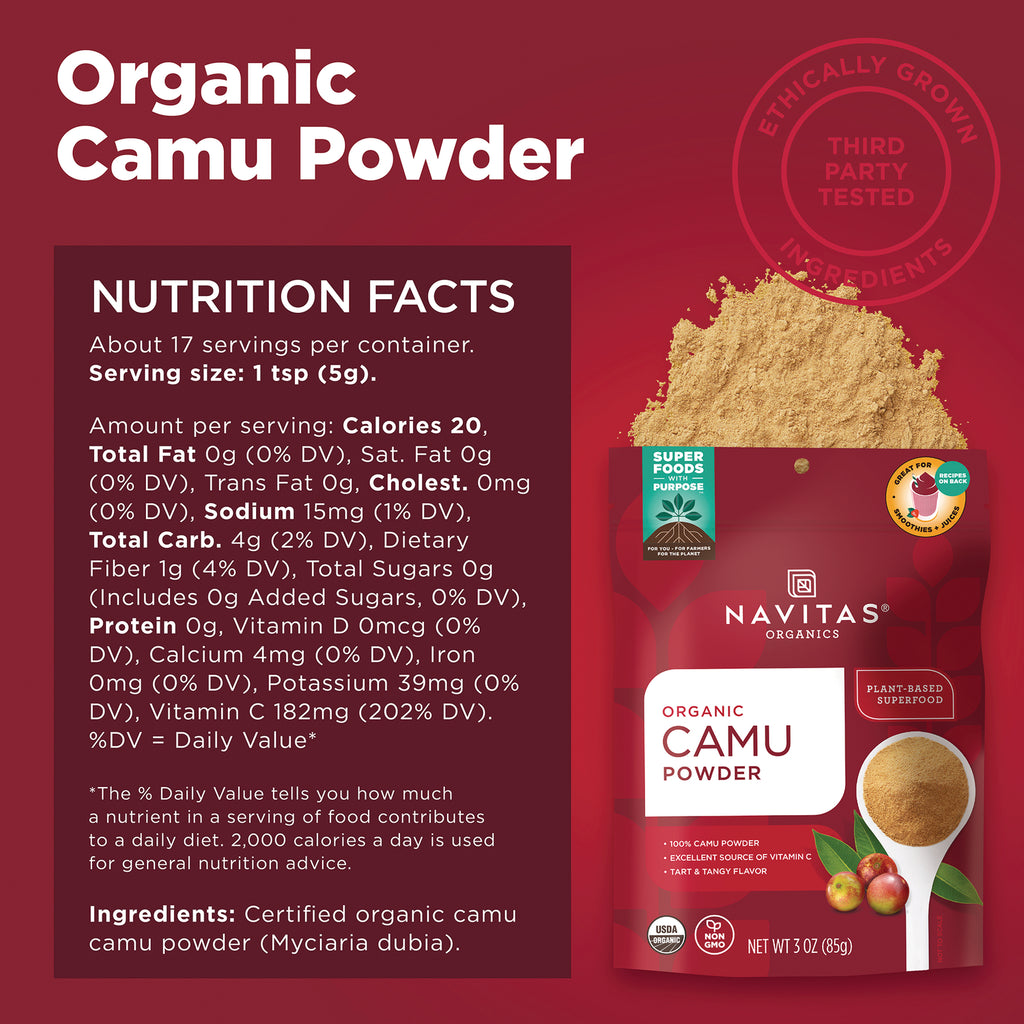 NAV035 | Organic Camu Powder pouch with nutrition facts panel, product benefits, and pile of powder - Thumbnail