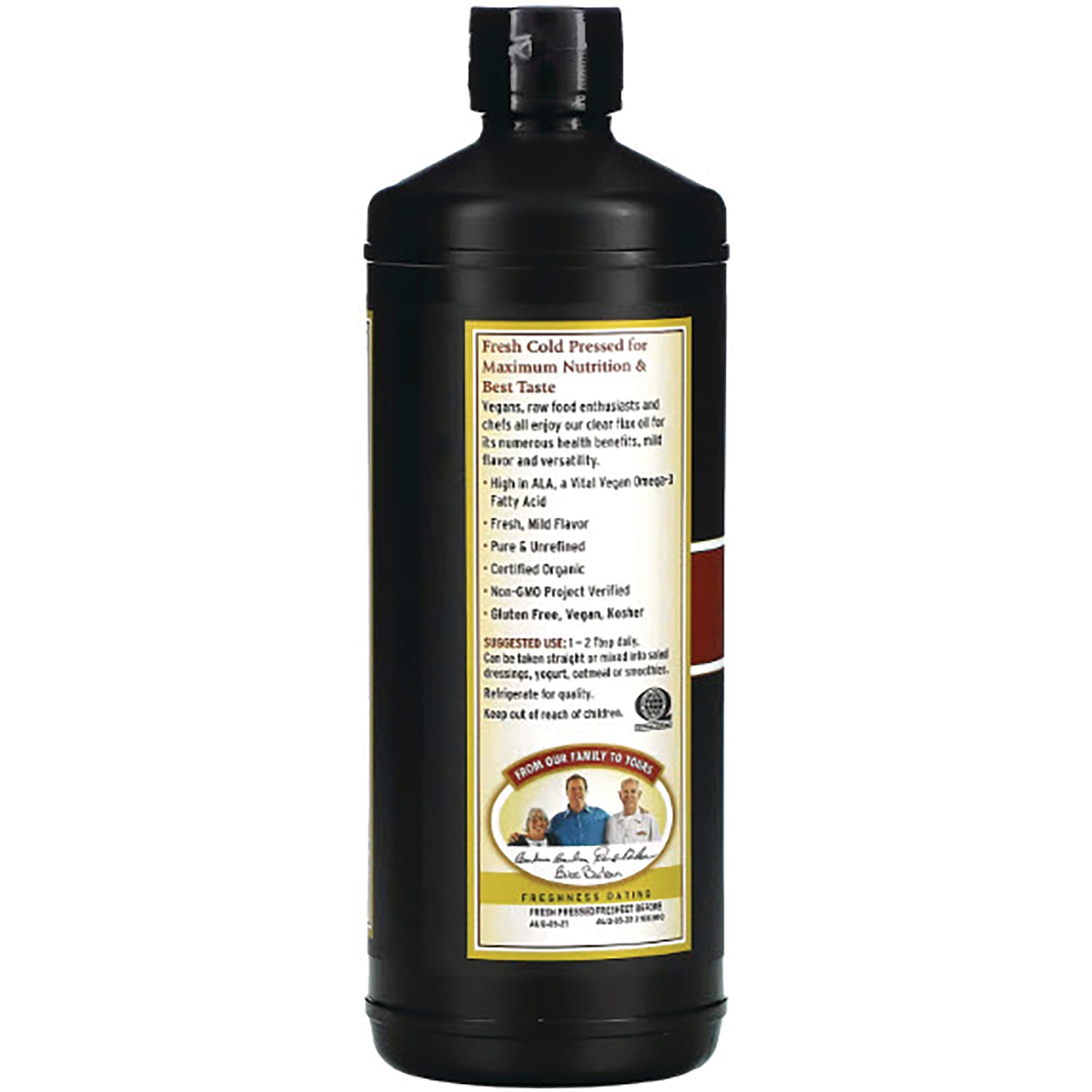 BAR005 | Back label of black bottle showing product details and heading 'Fresh Cold Pressed for Maximum Nutrition & Best Taste'