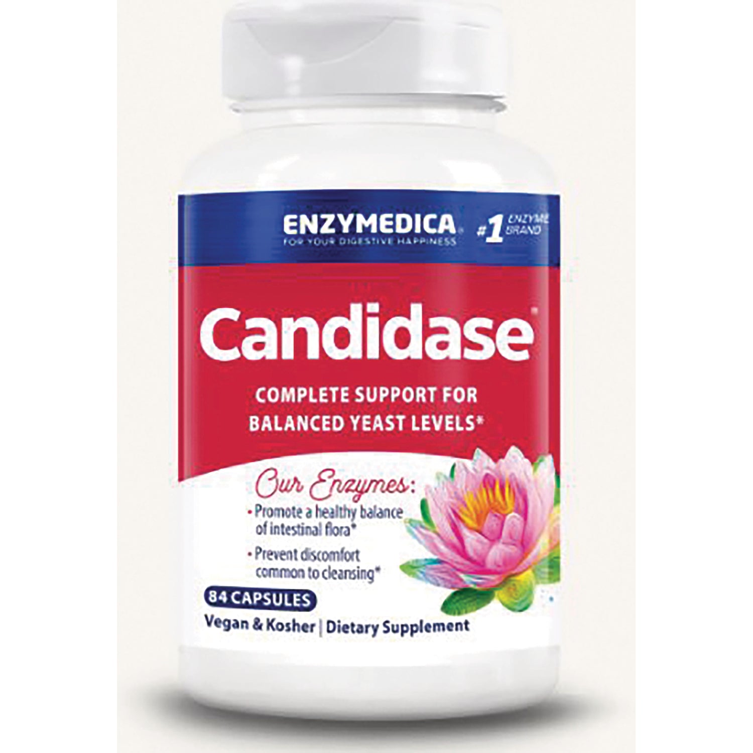 EMD005 | Front view of Candidase dietary supplement bottle with red label, 84 capsules, vegan & kosher