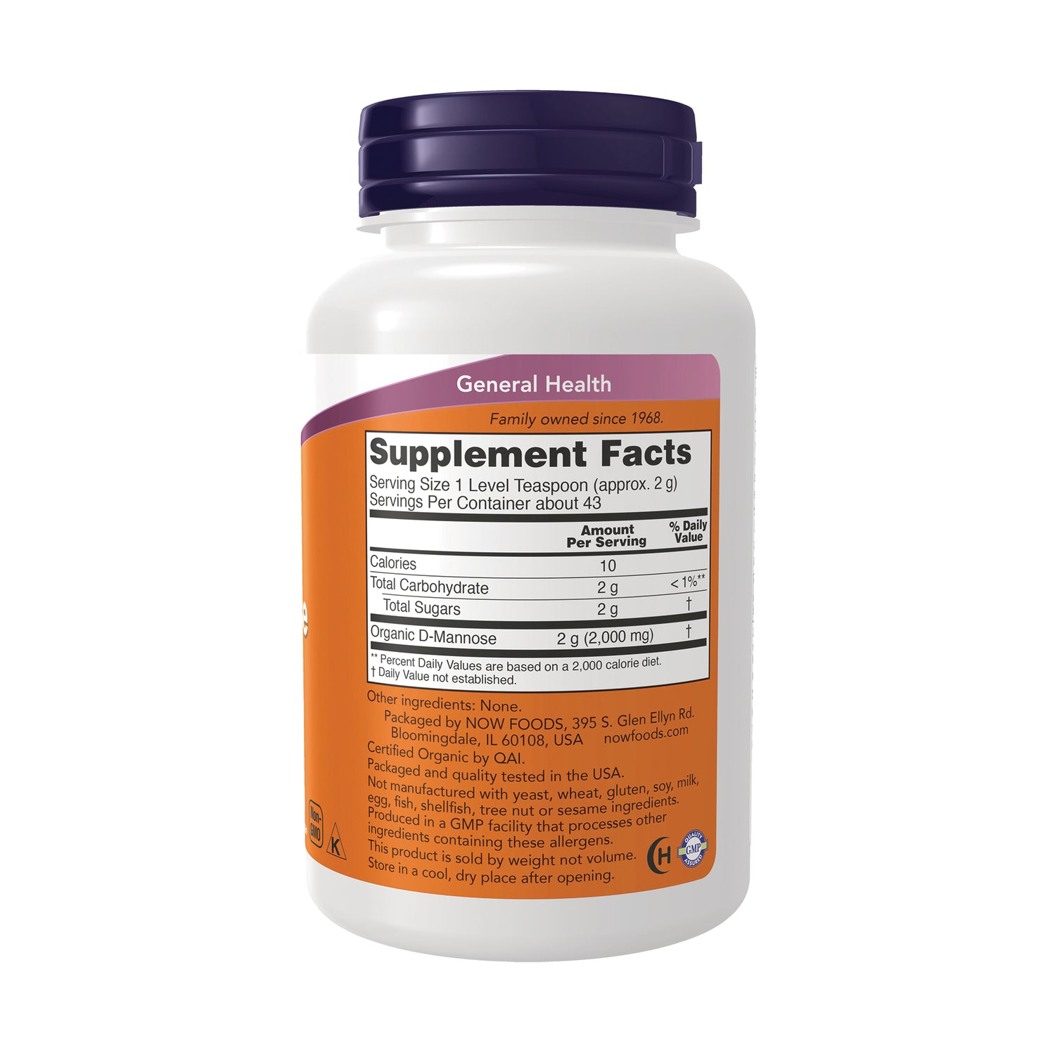 NWF190 | back label showing Supplement Facts panel and ingredient text on white supplement bottle with purple cap