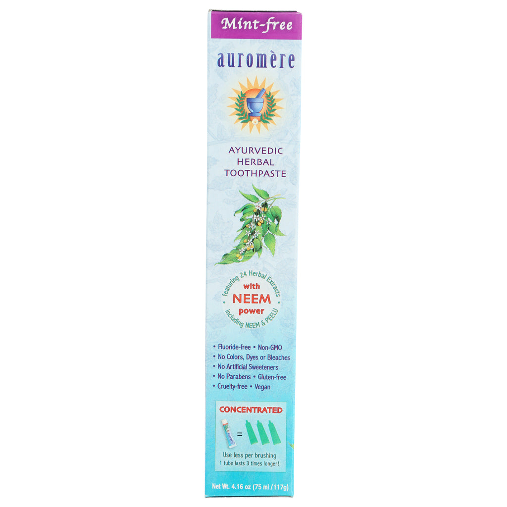 AUR007 | Back of Auromre Ayurvedic herbal toothpaste box showing Neem power, ingredient claims and concentrated use graphic - Thumbnail