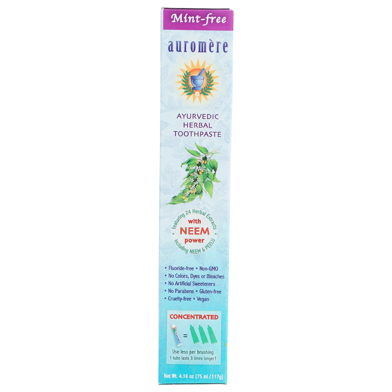 AUR007 | Back of Auromre Ayurvedic herbal toothpaste box showing Neem power, ingredient claims and concentrated use graphic