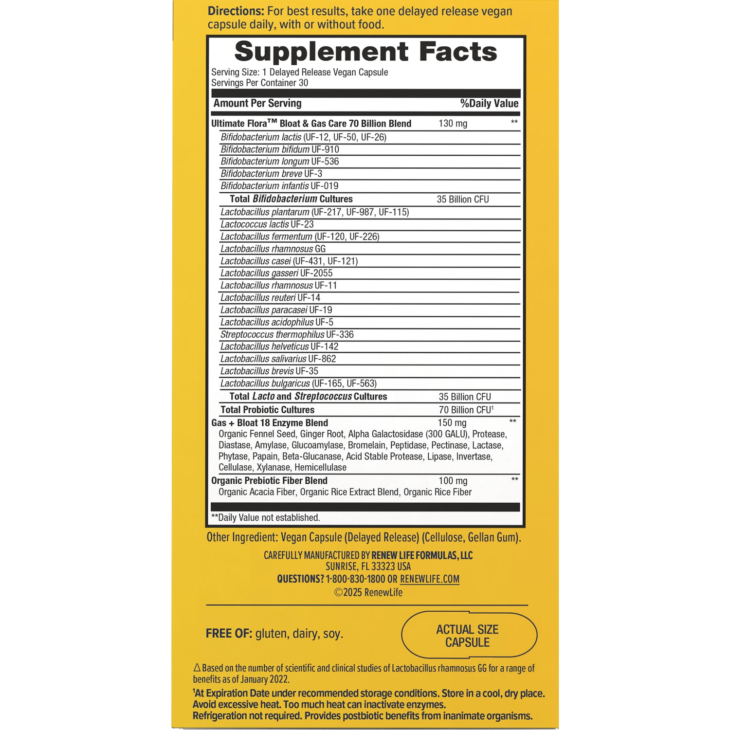 RNL258 | supplement facts panel showing probiotic strains, serving size, ingredient lists and warnings on yellow back label