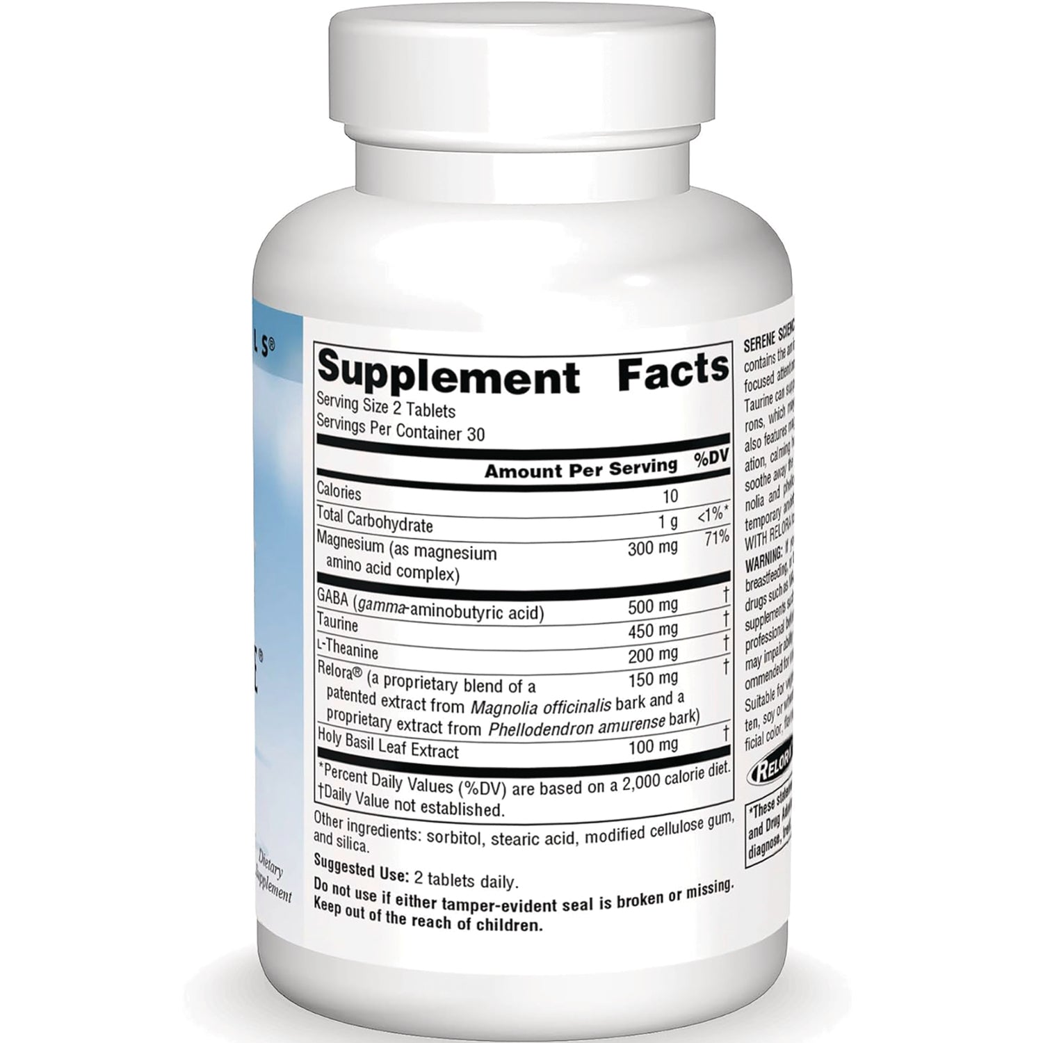 SN364 | Back label with Supplement Facts panel, ingredients, suggested use, and warnings