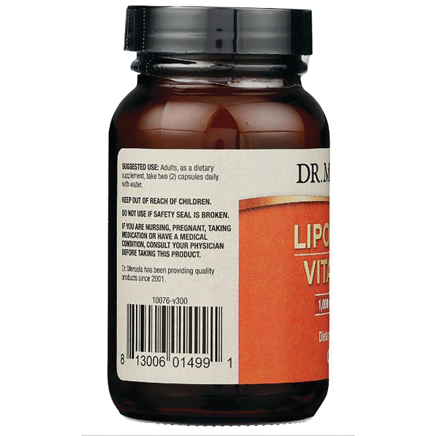 MRC062 | back of brown supplement bottle showing warning text, suggested use and barcode, partial orange front label