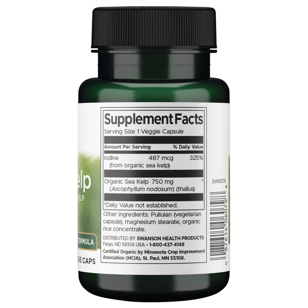 SWR079 | Back label with Supplement Facts for organic sea kelp capsules; iodine 487 mcg 325% DV, organic sea kelp 750 mg - Thumbnail