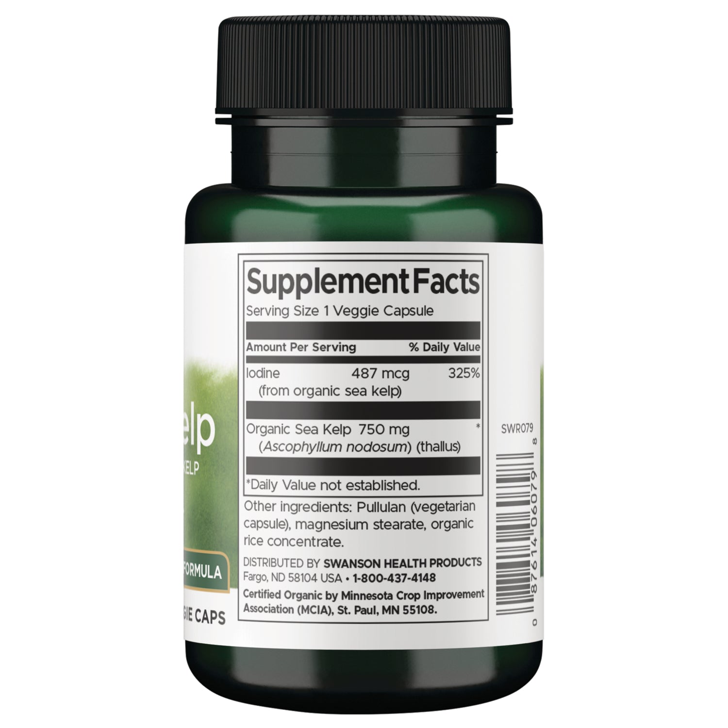 SWR079 | Back label with Supplement Facts for organic sea kelp capsules; iodine 487 mcg 325% DV, organic sea kelp 750 mg
