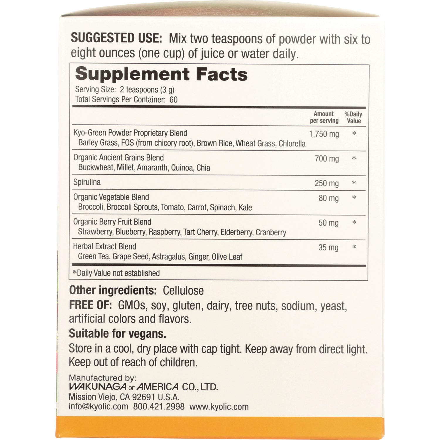 KY111 | back of supplement box showing Supplement Facts table, serving size, ingredient blends, and storage instructions