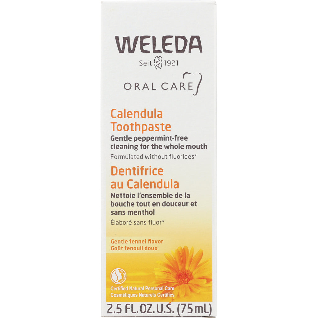 WEL038 | Weleda Calendula Toothpaste box front, peppermint-free oral care, gentle fennel flavor, 2.5 fl oz (75 mL) - Thumbnail